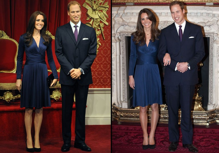 The Duke and Duchess of Cambridge join a long line of royals immortalised in wax at Madame Tussauds today. The royal couple are in a pose and setting taken from the day of their engagement announcement at St James’s Palace, with William standing with his hands clasped in front of him and Kate, in her now famous blue Issa dress, smiling broadly next to him.