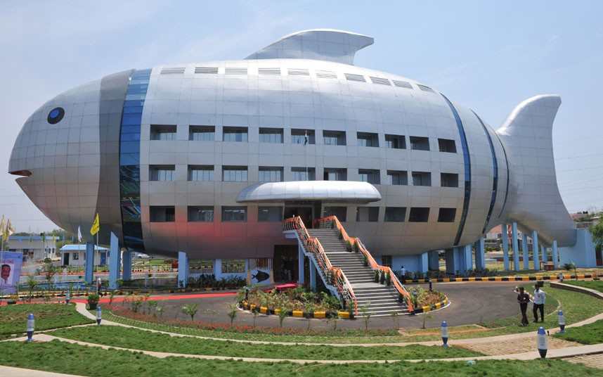 The newly opened National Fisheries Development Board building in Hyderabad, India, designed to resemble a fish