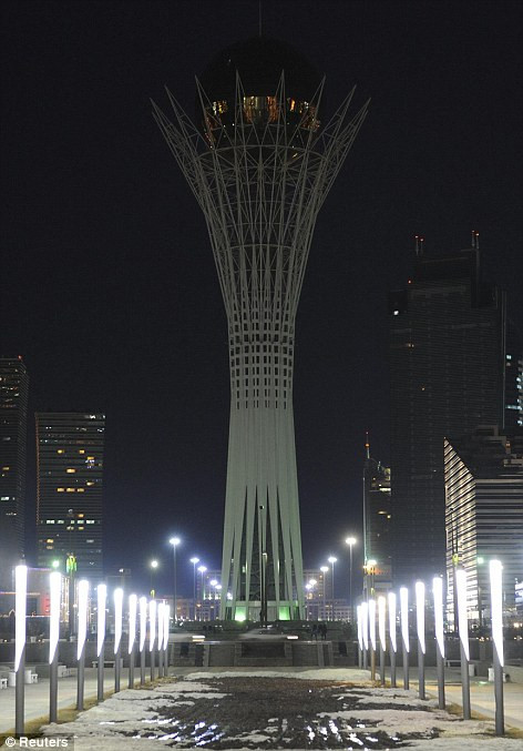 The 97-metre monument Baiterek before and during Earth Hour in Kazakhstan