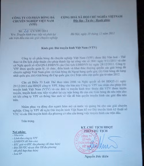Công văn mà ông Nguyễn Đức Kiên gửi VTC