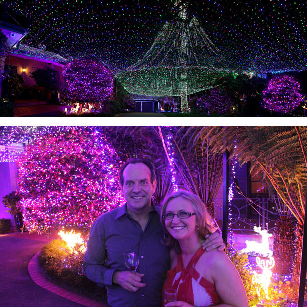 David and Janean Richards celebrate being awarded the Guinness World Record for the most Christmas lights on a residential property. Their home in Forrest Act, Australia, is illuminated by 331,038 Christmas lights. David Richards, a barrister and father of three, has worked on the decorations for over four years, with the number of lights having doubled from last year. David is reluctant to say how much the decorations cost, but all the money he receives from visitors goes to the charity SIDS and Kids, which he says helped his family out during a difficult period in 2002.