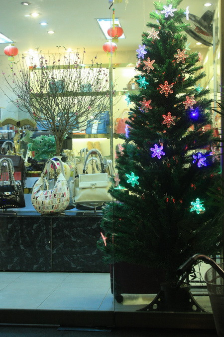 Bên cạnh cây thông noel, một cành đào nở sớm trong một cửa hàng thời trang, có lẽ chủ tiệm là một tín đồ của đào bonsai. Ảnh, gdtd.vn