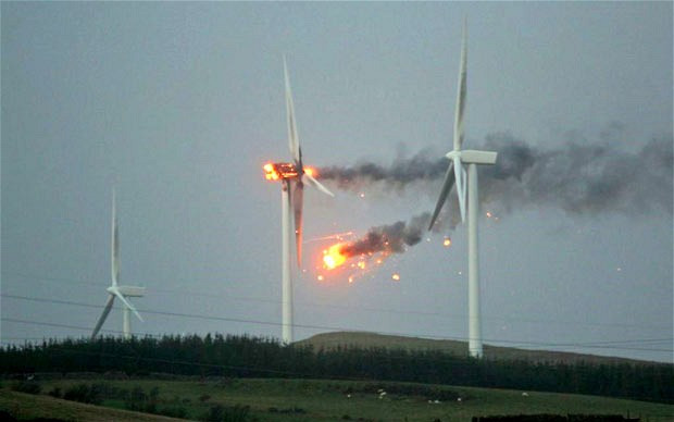 A £2 million, 100 metre tall wind turbine catches fire in hurricane-force winds at Ardrossan, North Ayrshire, Scotland. The wind turbine was spinning so fast it caught fire. The engine of the giant turbine went up in flames and its blades were blackened by smoke. The turbine was one of 15 set up on hills overlooking the Scottish coast, built to supply green electricity to 20,000 homes.