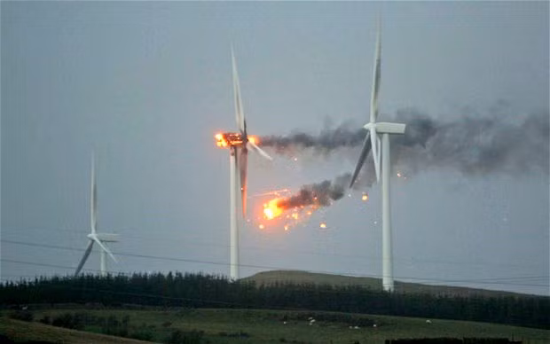 A £2 million, 100 metre tall wind turbine catches fire in hurricane-force winds at Ardrossan, North Ayrshire, Scotland. The wind turbine was spinning so fast it caught fire. The engine of the giant turbine went up in flames and its blades were blackened by smoke. The turbine was one of 15 set up on hills overlooking the Scottish coast, built to supply green electricity to 20,000 homes.