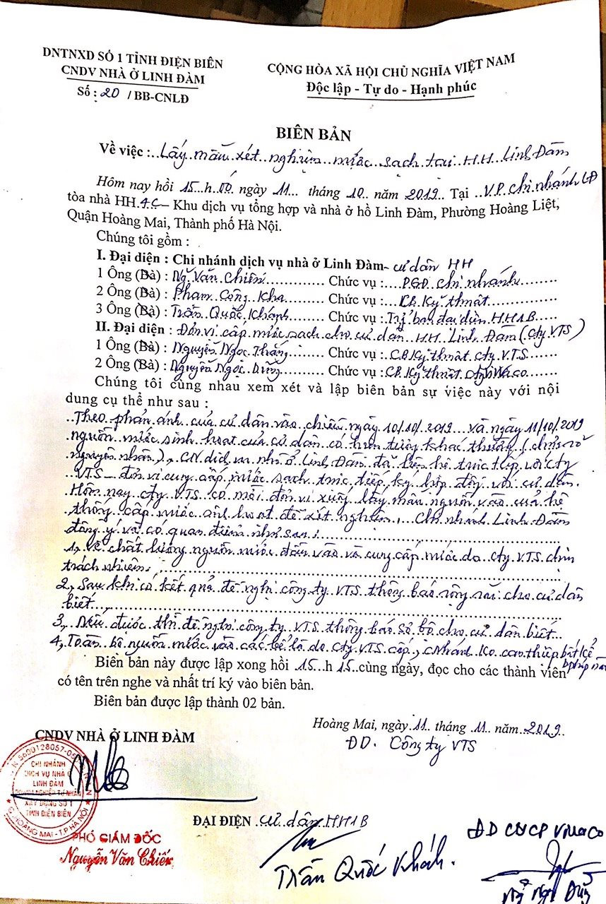 Biên bản lấy mẫu xét nghiệm nước tại chung cư HH Linh Đàm. ( nguồn cư dân HH Linh Đàm)