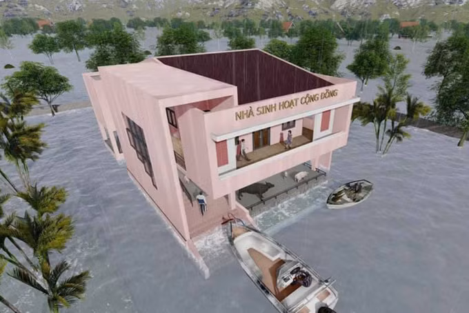 Hình ảnh mô phỏng nhà cộng đồng do Thuỷ Tiên xây dựng. Cô chia sẻ khi nước ngập cao, bên dưới người dân có thể chứa trâu bò, vật nuôi, bên trên dùng tránh trú bão lũ