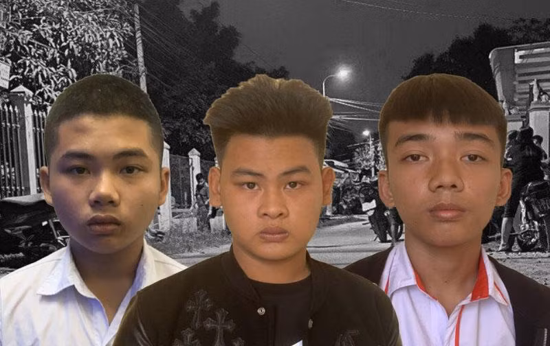 Đối tượng Nam, Giang, Tuấn Anh (từ trái qua phải) tại cơ quan công an.