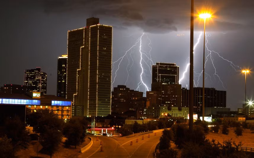 Lightning lights up the sky as a storm brews in Fort Worth, Texas