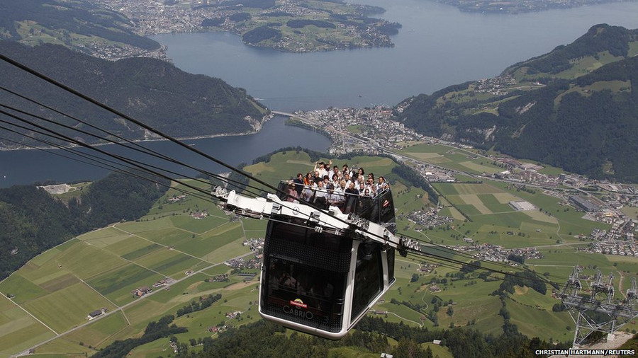 The inaugural trip of the world’s first open-air double-decker cable car system, the newly-built Cabrio, offered amazing views of the area around the Stanserhorn mountain, near Lucerne, Switzerland.