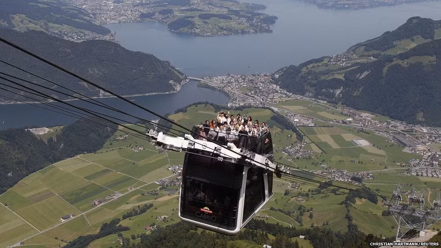 The inaugural trip of the world’s first open-air double-decker cable car system, the newly-built Cabrio, offered amazing views of the area around the Stanserhorn mountain, near Lucerne, Switzerland.