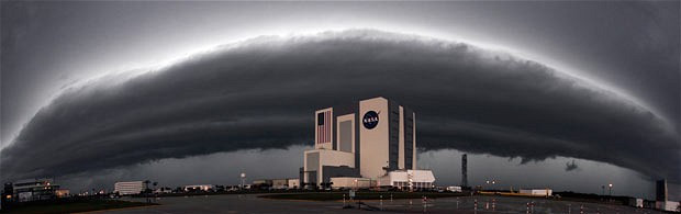 Space shuttle Endeavour suffered minor damage on the launch pad as severe thunderstorms swept through Kennedy Space Centre. Lightning struck and there were reports of hail. Wind gusts reached 90 mph (145 kph). Two funnel clouds were reported as the severe weather continued. Funnel clouds are rotating columns of wind coming off clouds; if they touch the ground, they form tornadoes. Endeavour’s external fuel tank sustained minor damage to some of its insulating foam, said NASA spokesman Allard Beutel.