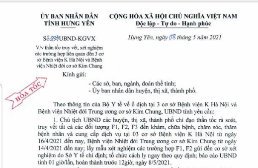 Công văn hỏa tốc số 893/UBND-KGVX của UBND tỉnh Hưng Yên.