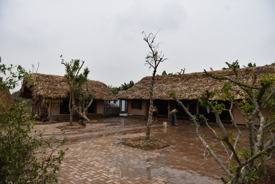 Khoảng sân được ghép bằng gạch xương cá.