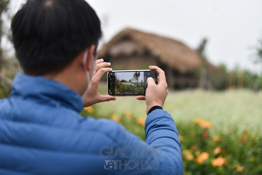 Những căn nhà sàn được dựng lên, bao quanh là hoa tạo nên một khung cảnh yên bình.