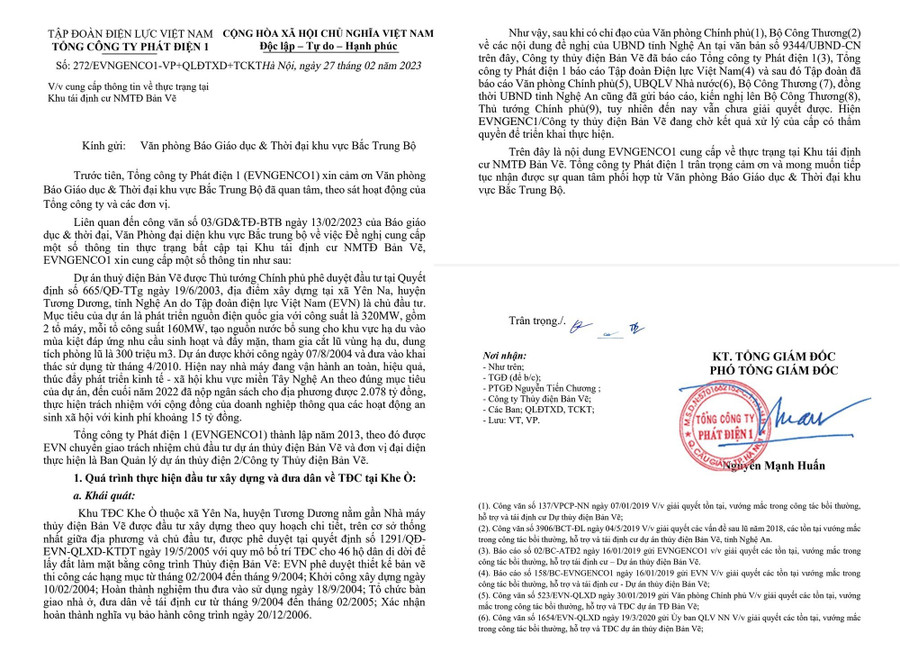 Tổng công ty Phát điện 1 có văn bản gửi Báo GD&amp;TĐ thông tin về những tồn tại, vướng mắc tại khu tái định cư Nhà máy Thuỷ điện Bản Vẽ.