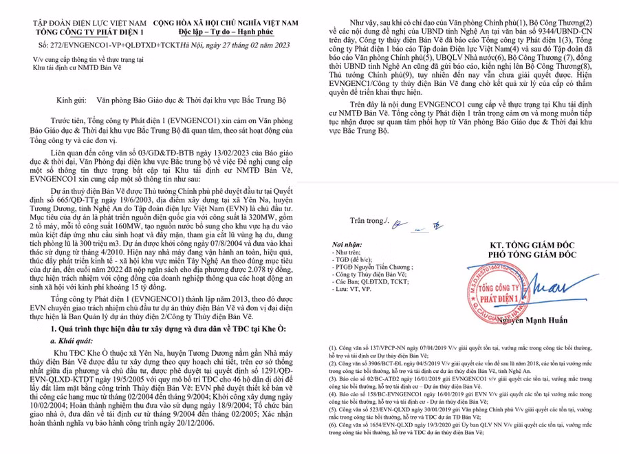 Tổng công ty Phát điện 1 có văn bản gửi Báo GD&amp;TĐ thông tin về những tồn tại, vướng mắc tại khu tái định cư Nhà máy Thuỷ điện Bản Vẽ.