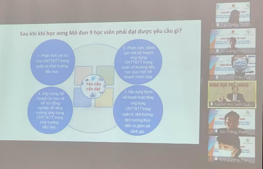 Cán bộ quản lý cơ sở giáo dục phổ thông cốt cán tham gia tập huấn, bồi dưỡng mô-đun 9 theo hình thức trực tuyến kết hợp trực tiếp qua lớp học ảo.
