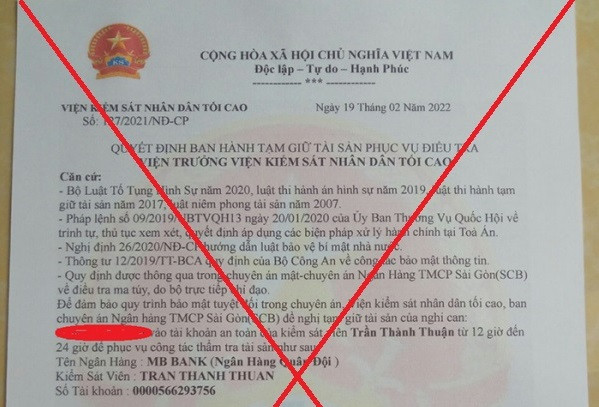 Văn bản giả mạo các đối tượng gửi cho chị H. để phục vụ hành vi lừa đảo chiếm đoạt tài sản.