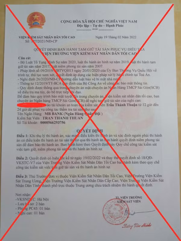 Văn bản giả mạo các đối tượng gửi cho chị H. để phục vụ hành vi lừa đảo chiếm đoạt tài sản.