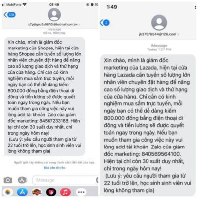Những tin nhắn lừa đảo tuyển dụng cho các trang thương mại điện tử. Ảnh: Công an Kon Tum