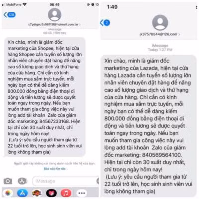 Những tin nhắn lừa đảo tuyển dụng cho các trang thương mại điện tử. Ảnh: Công an Kon Tum