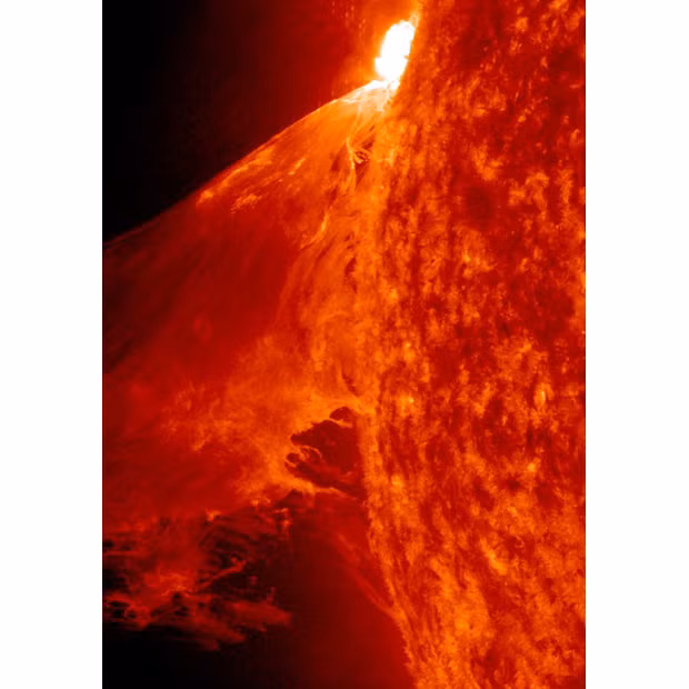 NASA have released this image of a huge solar flare near the edge of the Sun. It blew out a waving mass of erupting plasma that swirled and twisted over a 90-minute period on February 24. This event was captured in extreme ultraviolet light by NASA’s Solar Dynamics Observatory spacecraft . Some of the material blew out into space and other portions fell back to the surface. Because SDO images are super-HD, scientists are able to zoom in on the action and still see exquisite details. A similar flare on Valentine’s Day caused concern about possible disruptions on Earth, although scientists suggest the latest eruption poses no threat.