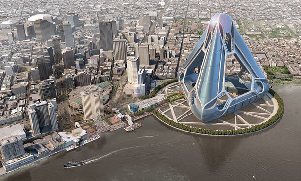 Những hình ảnh ấn tượng trong tuần ảnh 6 It may look like something from a sci-fi film, but this is a plan for a floating city that may be the solution for cities devastated by extreme weather. The structure is 1,200 feet high, covers 30 million square feet and is designed to house up to 40,000 residents. It comes with everything you would expect to find in a normal city, from hotels to shops, casinos and schools. The space age design is also equipped with gardens, special express elevators for ’vertical commuting’ and moving walkways for pedestrians. The plans were inspired by the devastation caused when New Orleans was ravaged by Hurricane Katrina in 2005. A group of designers based in Boston put together a proposal for a new floating city that would sit on the bank of the Mississippi and could help prevent a similar tragedy. Called the New Orleans Arcology Habitat, or NOAH, the sturdy triangular design dissipates strong winds.