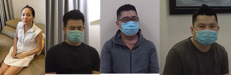 Các đối tượng: Ngân, Quý, Như và Bạch (từ trái qua) tại cơ quan điều tra.