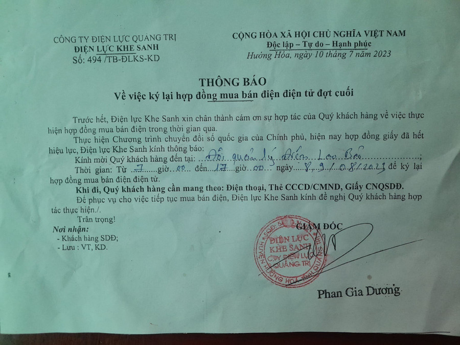 Thông báo của điện lực về việc ký lại hợp đồng mua bán điện. Thông báo của điện lực về việc ký lại hợp đồng mua bán điện.
