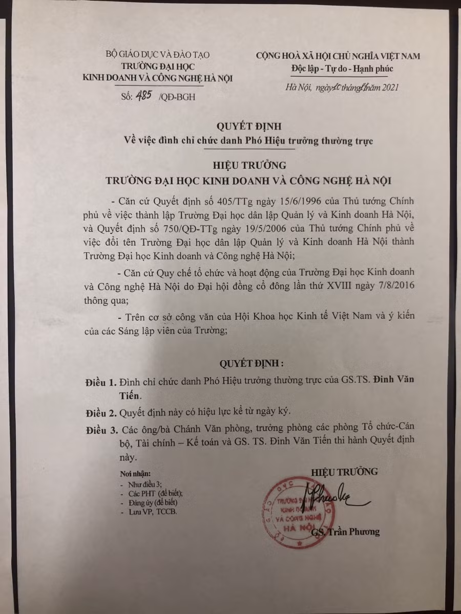 Trường ĐH Kinh doanh và Công nghệ Hà Nội đình chỉ chức danh, công tác Phó Hiệu trưởng và Chánh Văn phòng ảnh 1