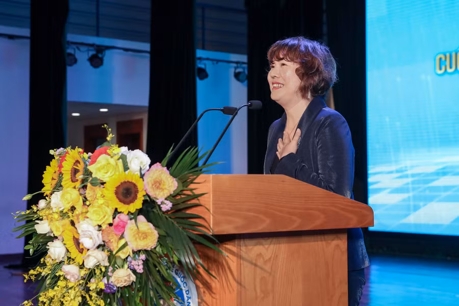 Nguyễn Thị Mai Hữu - Trưởng Ban Đề án Ngoại Ngữ Quốc gia phát biểu tại buổi lễ.