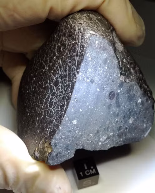 This Nasa photograph shows a fist-sized meteorite nicknamed Black Beauty, which could unlock vital clues to the evolution of Mars from the warm and wet place it once was to its current cold and dry state. Discovered in Morocco’s Sahara Desert in 2011, the 11-ounce (320-gram) space rock contains 10 times more water than other Martian meteorites and could be the first ever to have originated on the planet’s surface or crust.
