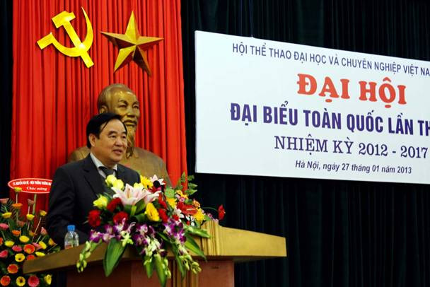 Thứ trưởng Bộ GD&ĐT Trần Quang Quý tái đắc cử Chủ tịch Hội thể thao ĐH&CN Việt Nam ảnh 1 Thứ trưởng Bộ GD&ĐT Trần Quang Quý phát biểu tại Đại hội