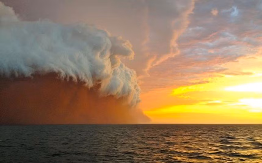 A red dust storm towers over the ocean ahead of a cyclone approaching Onslow on the West Australian coast. Tug boat worker Brett Martin, who captured the picture 25 nautical miles from the town of Onslow, reported conditions were glassy and flat before the storm hit. But when the wild weather arrived, the swell lifted to two metres, winds increased to 40 knots and visibility was reduced to 100 metres.