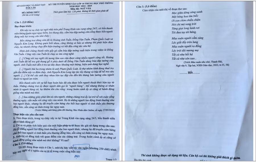 Đề thi vào lớp 10, môn Ngữ văn của tỉnh Đắk Lắk.