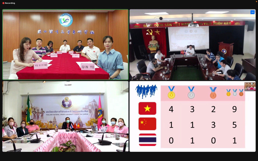 Lãnh đạo của 3 trường tại 3 điểm cầu: Trường Cao đẳng TDTT Quảng Tây, Trung Quốc; Trường Đại học Sư phạm TDTT Hà Nội và Trường Đại học TDTT Quốc gia Thái Lan