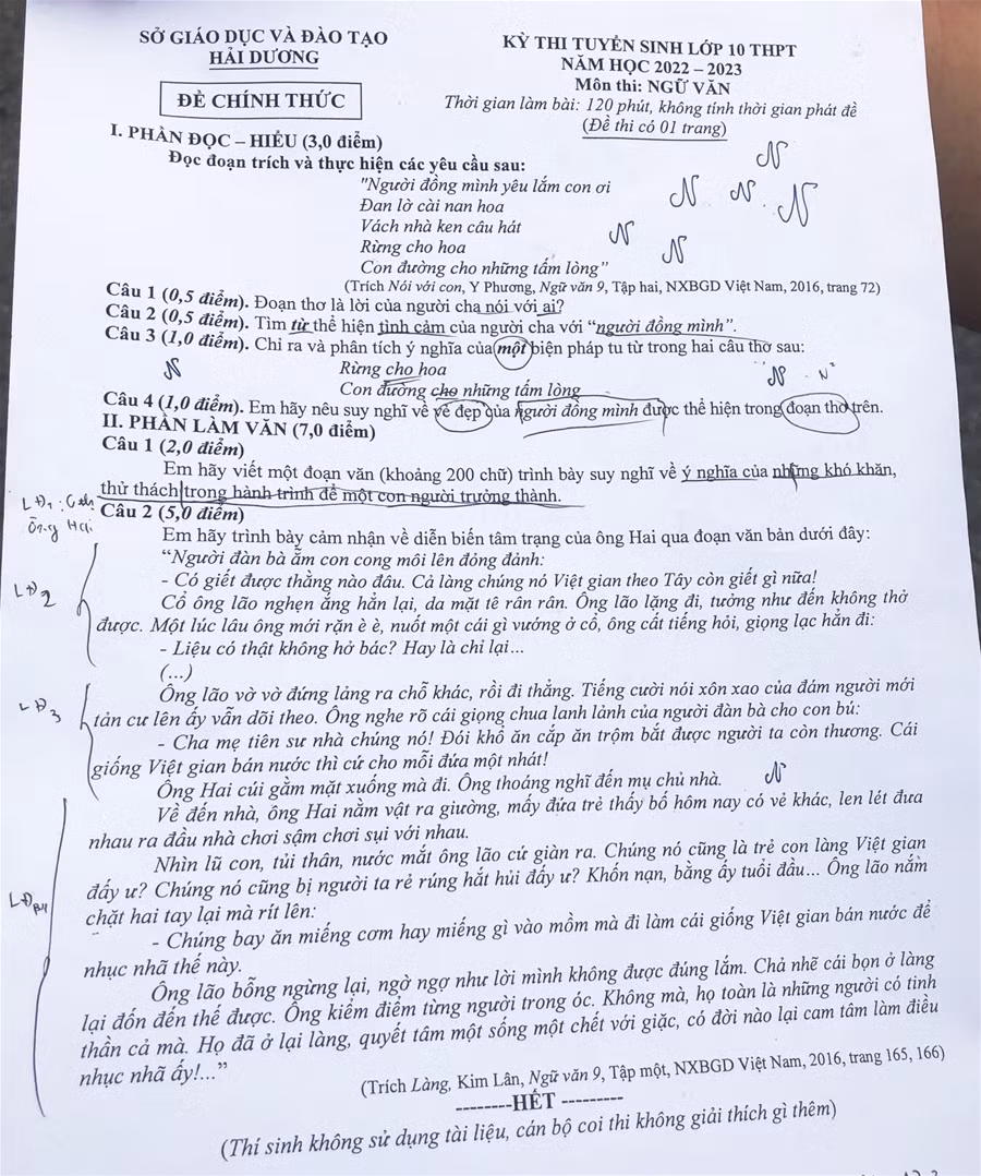 Hải Dương: Đề thi vào lớp 10 môn Ngữ văn và tiếng Anh vừa sức, có sự phân hoá ảnh 1