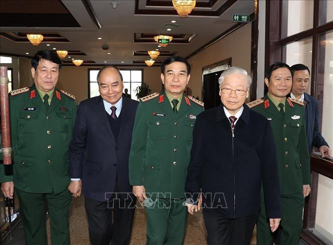 Tổng Bí thư Nguyễn Phú Trọng, Chủ tịch nước Nguyễn Xuân Phúc đến dự hội nghị. Ảnh: Trí Dũng/TTXVN.