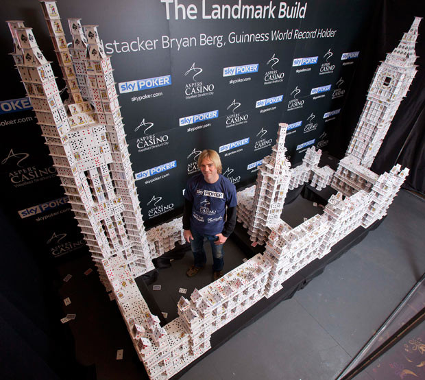 Bryan Berg stands inside the Big Ben playing card sculpture that he built as part of Sky Poker’s ’Play the Nation’ at Asper’s Casino, Stratford...