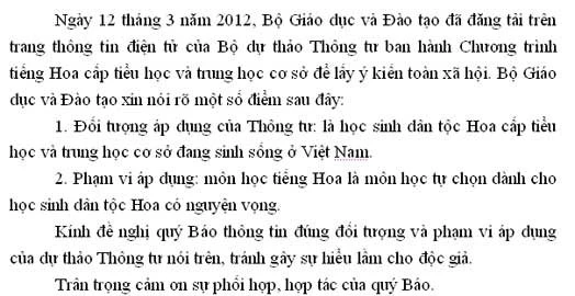 Dự kiến dạy tiếng Hoa theo nguyện vọng cho HS dân tộc Hoa ở Việt Nam (*)