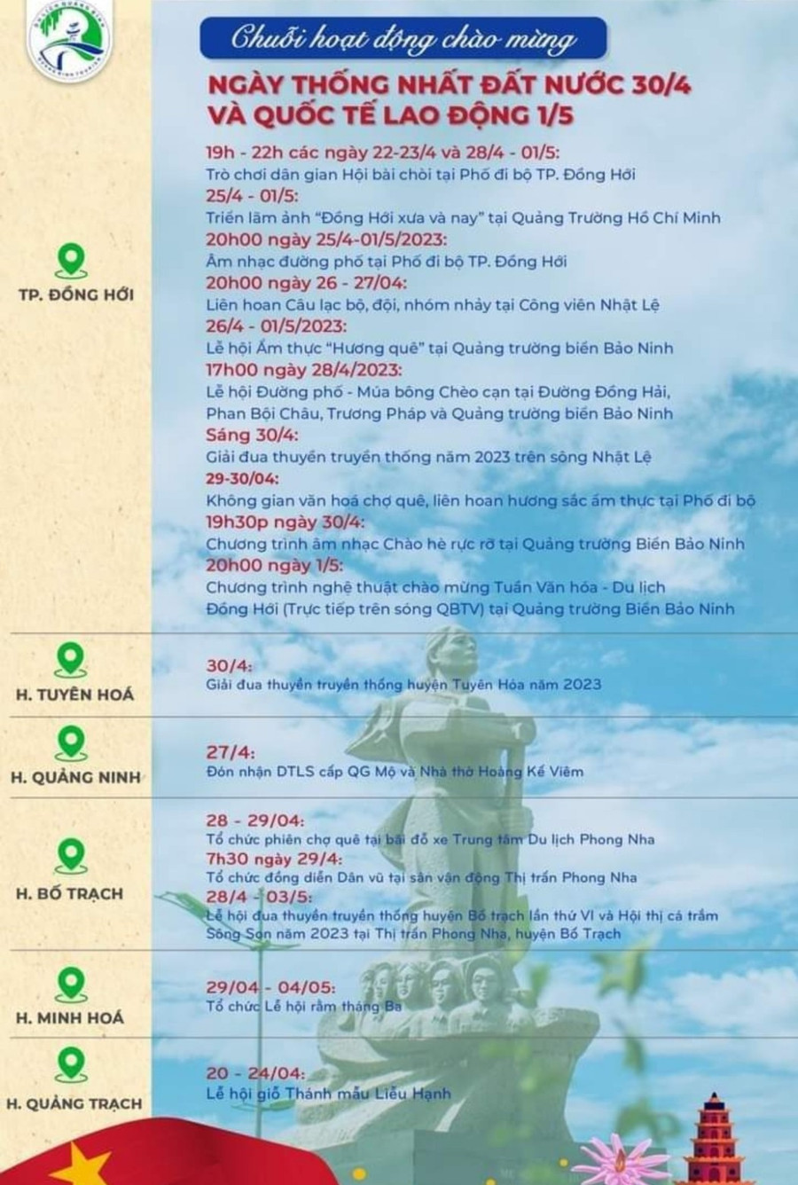 Nhân dịp kỷ niệm Ngày đất nước thống nhất, nhiều địa phương tại Quảng Bình cũng tổ chức các lễ hội văn hóa.