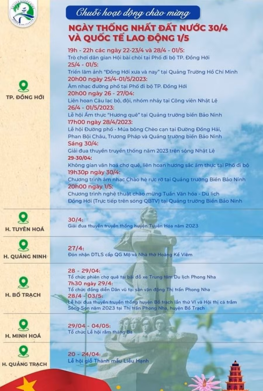 Nhân dịp kỷ niệm Ngày đất nước thống nhất, nhiều địa phương tại Quảng Bình cũng tổ chức các lễ hội văn hóa.