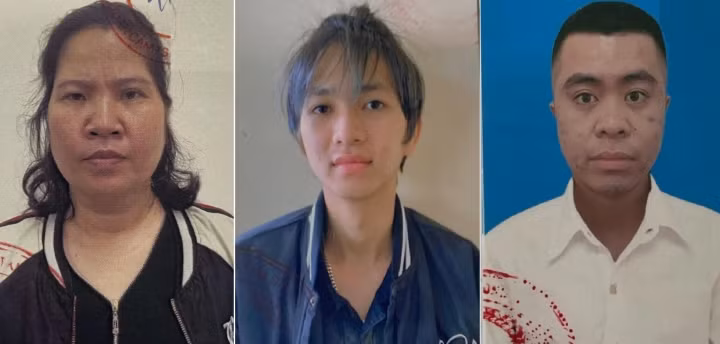 Các bị can Vũ Thị Huyền, Trịnh An Ninh và Phạm Quốc Hiệp tại cơ quan công an (theo thứ tự từ trái qua).