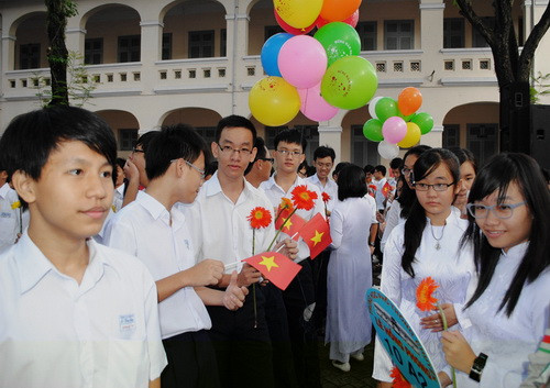 Học sinh Lê Hồng Phong (TP Hồ Chí Minh) trong Lễ khai giảng. Ảnh, gdtd.vn
