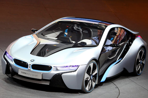 The BMW i8 concept car uses a three-cylinder internal combustion engine teamed with an electric motor to deliver fuel consumption in the region of 94mpg and 0-62mph acceleration in less than five seconds
