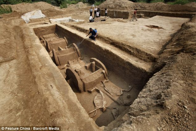Archaeologists say this is the most complete find of any tomb of its era. The wooden chariots have completely rotted away, with only the ash residue remaining Read more: http://www.dailymail.co.uk/news/article-2032697/Trip-Zhou-Remains-horses-chariots-unearthed-3-000-year-old-Chinese-Dynastys-tomb.html#ixzz1Wl6SKTgI