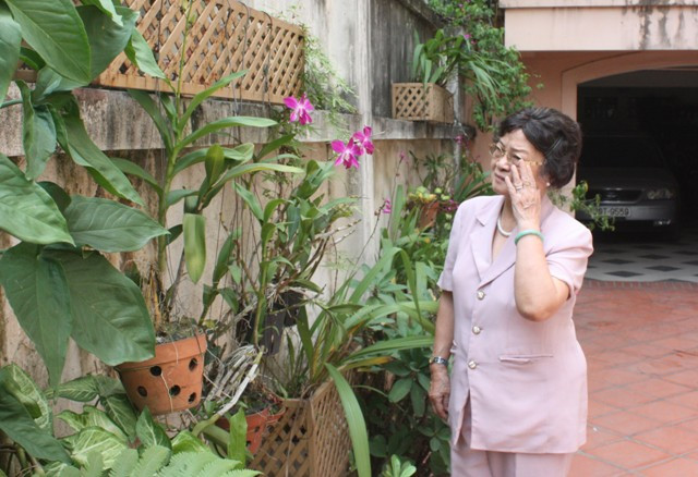 GS.Nguyễn Thu Nhạn bên những cây phong lan - một trong những kỷ vật của cố GS.Nguyễn Đình Tứ. Ảnh: gdtd.vn