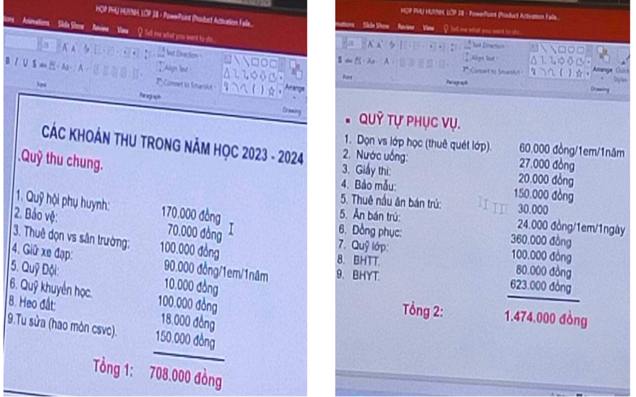 Nhóm phụ huynh của 1 lớp cung cấp các khoản thu được chia làm 2 bảng.