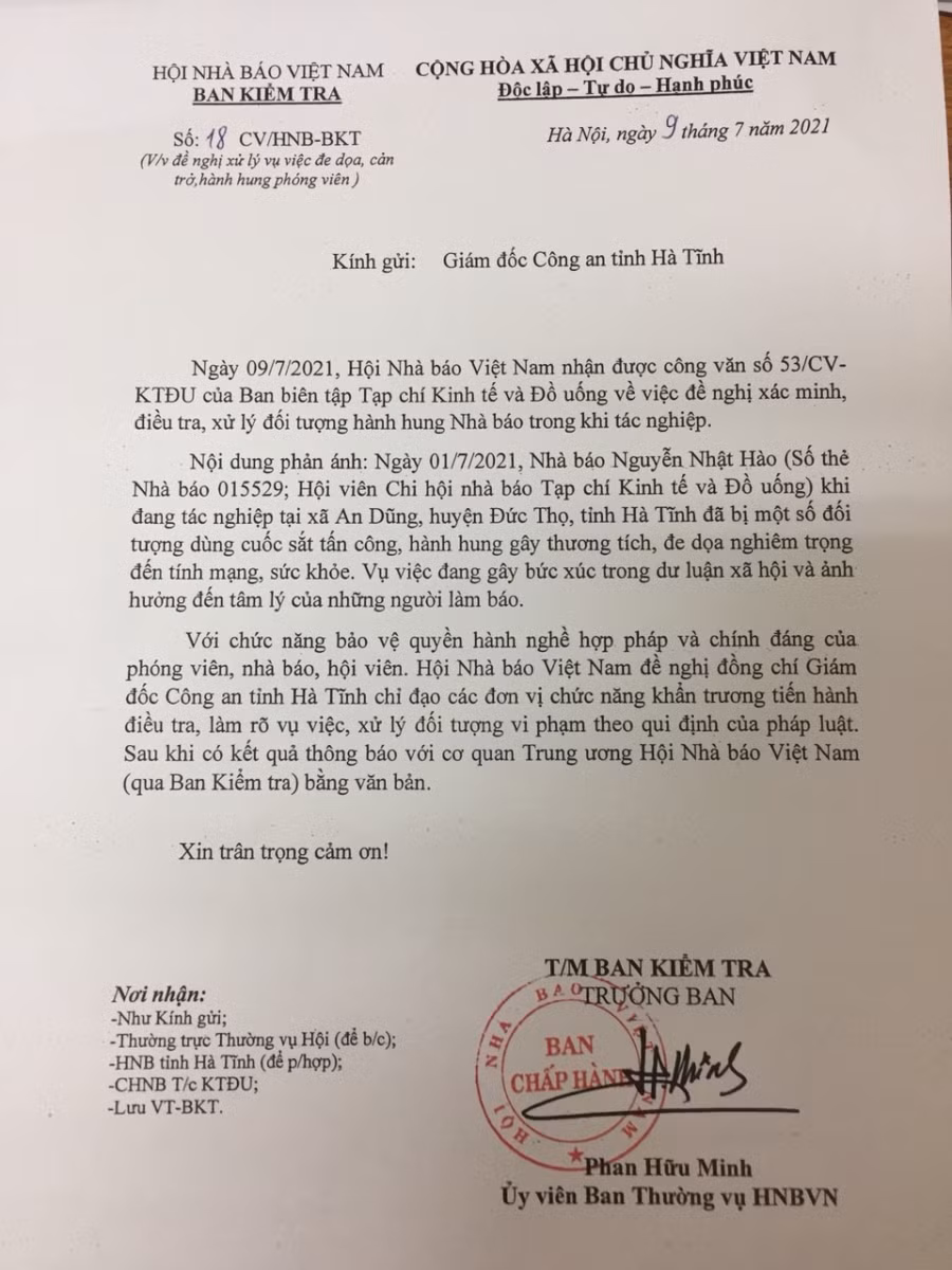 Công văn của Hội Nhà báo Việt Nam gửi Công an tỉnh Hà Tĩnh đề nghị làm rõ vụ nhà báo Nguyễn Nhật Hào bị tấn công.