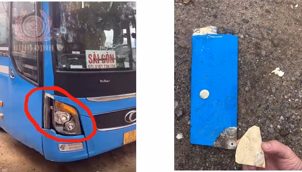 Dấu vết của vụ tai nạn giao thông để lại tại hiện trường và trên xe ô tô khách.